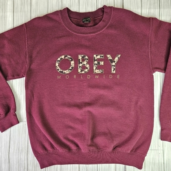Obey Worldwide Propaganda Logo Cotton Crewneck Sweatshirt in Plum Size Small - Picture 5 of 10